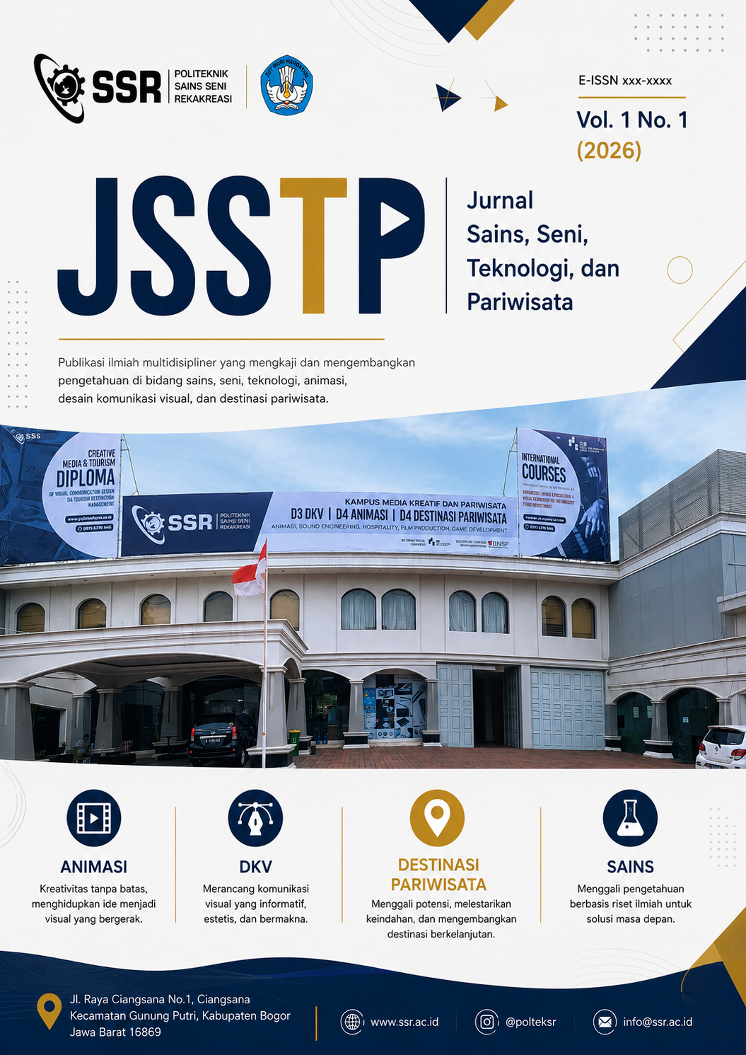 Cover edisi perdana Jurnal Sains, Seni, Teknologi, dan Pariwisata Volume 1 Nomor 1 Tahun 2026 yang memuat publikasi ilmiah pada bidang sains, seni, teknologi, animasi, desain komunikasi visual, dan pariwisata